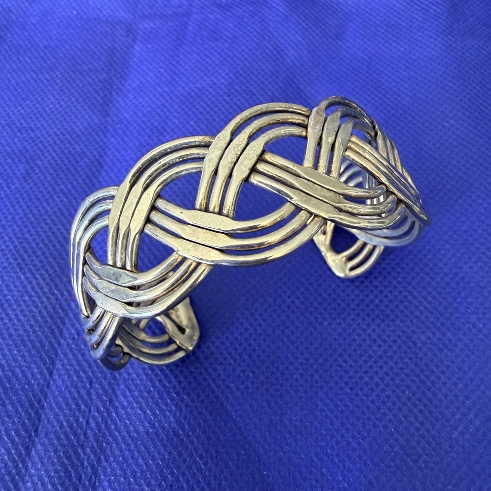 Silver Tone Braided Woven Wide Cuff Bracelet Womens Open Band Statement Jewelry